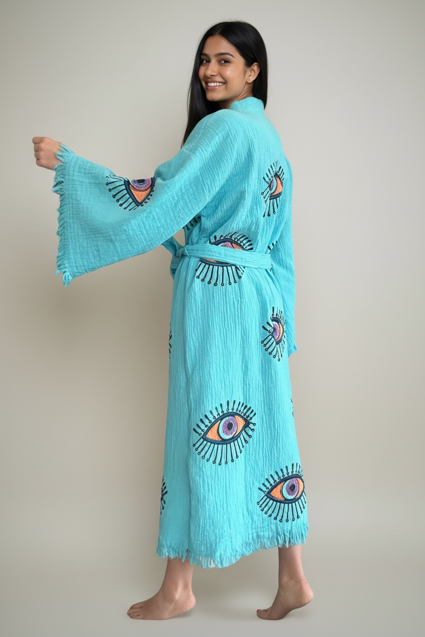 Sky Blue Evil Eye Kimono Robe with Pockets %100 Cotton XS-XL(0-14)