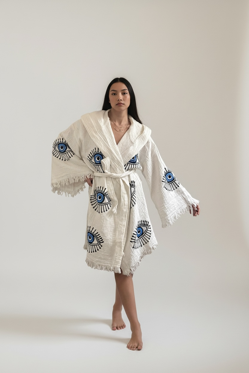 Evil Eye Kimono Robe with Pockets 100% Cotton Hand Painted