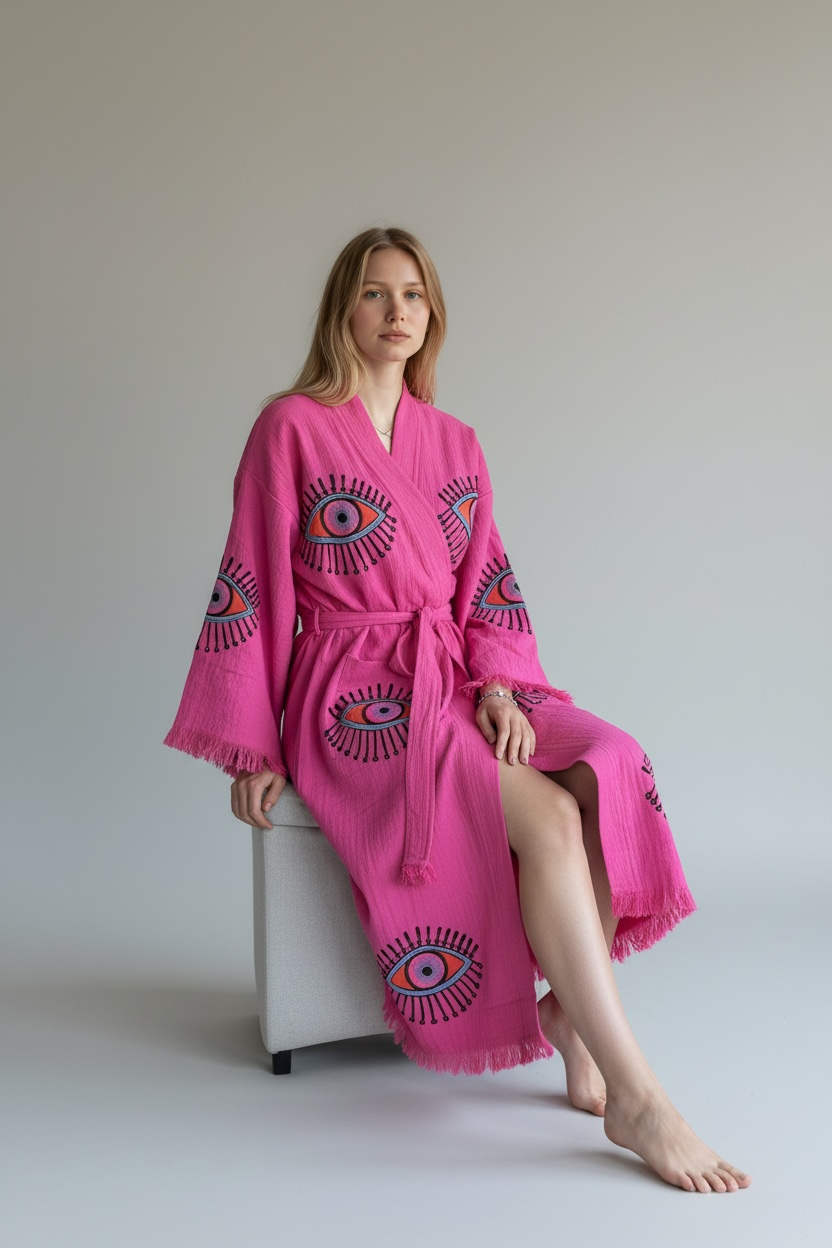 Sugar Pink Evil Eye Kimono Robe with Pockets (XS-XL)