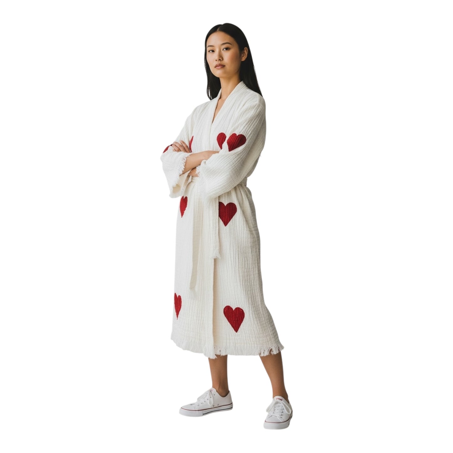 Red Heart Kimono Robe with Pockets %100 Cotton XS-L(0-14)