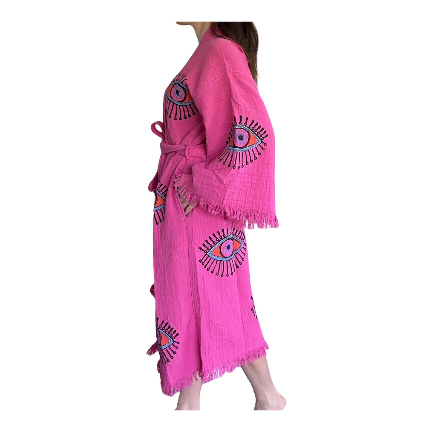 Sugar Pink Evil Eye Kimono Robe with Pockets (XS-XL)
