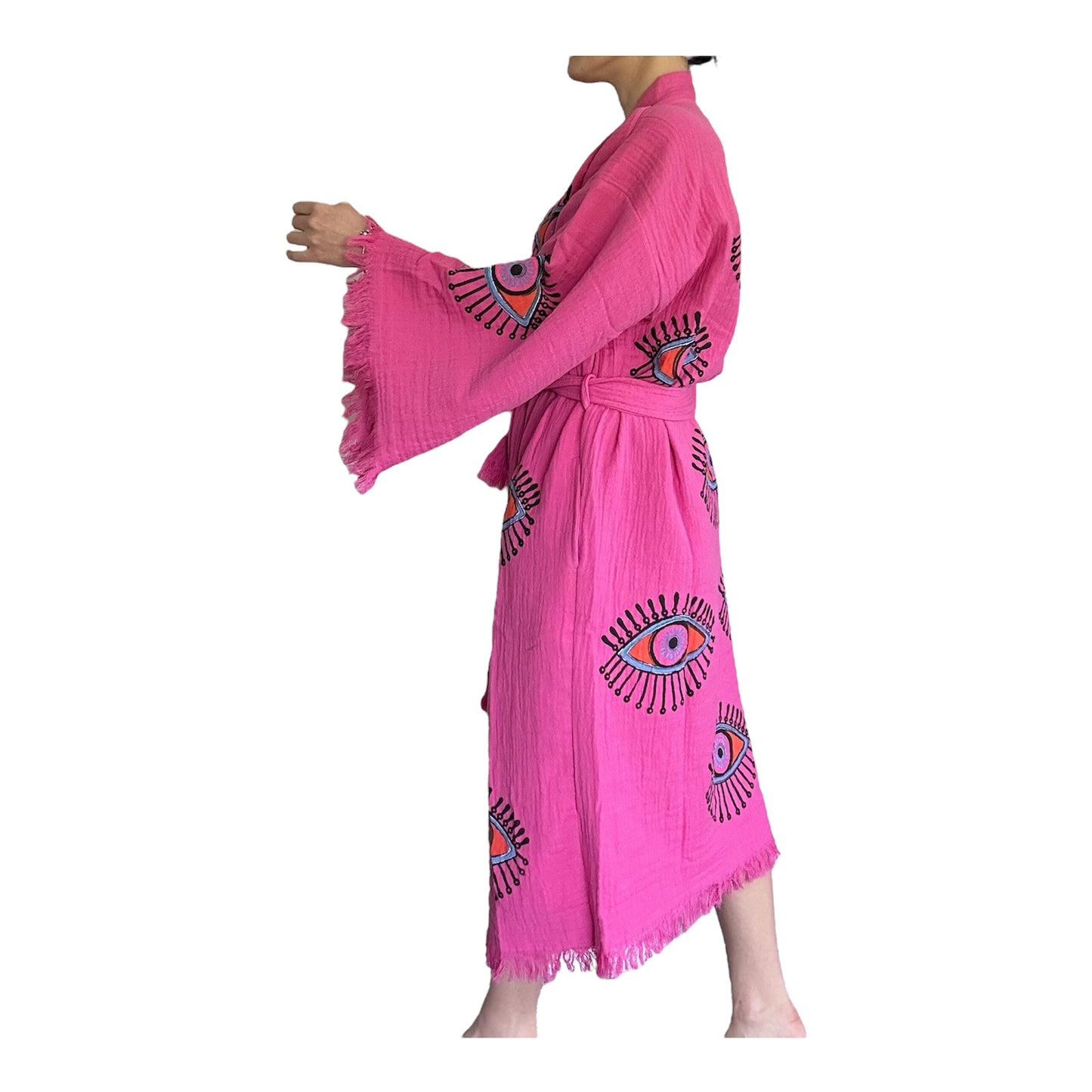 Sugar Pink Evil Eye Kimono Robe with Pockets (XS-XL)