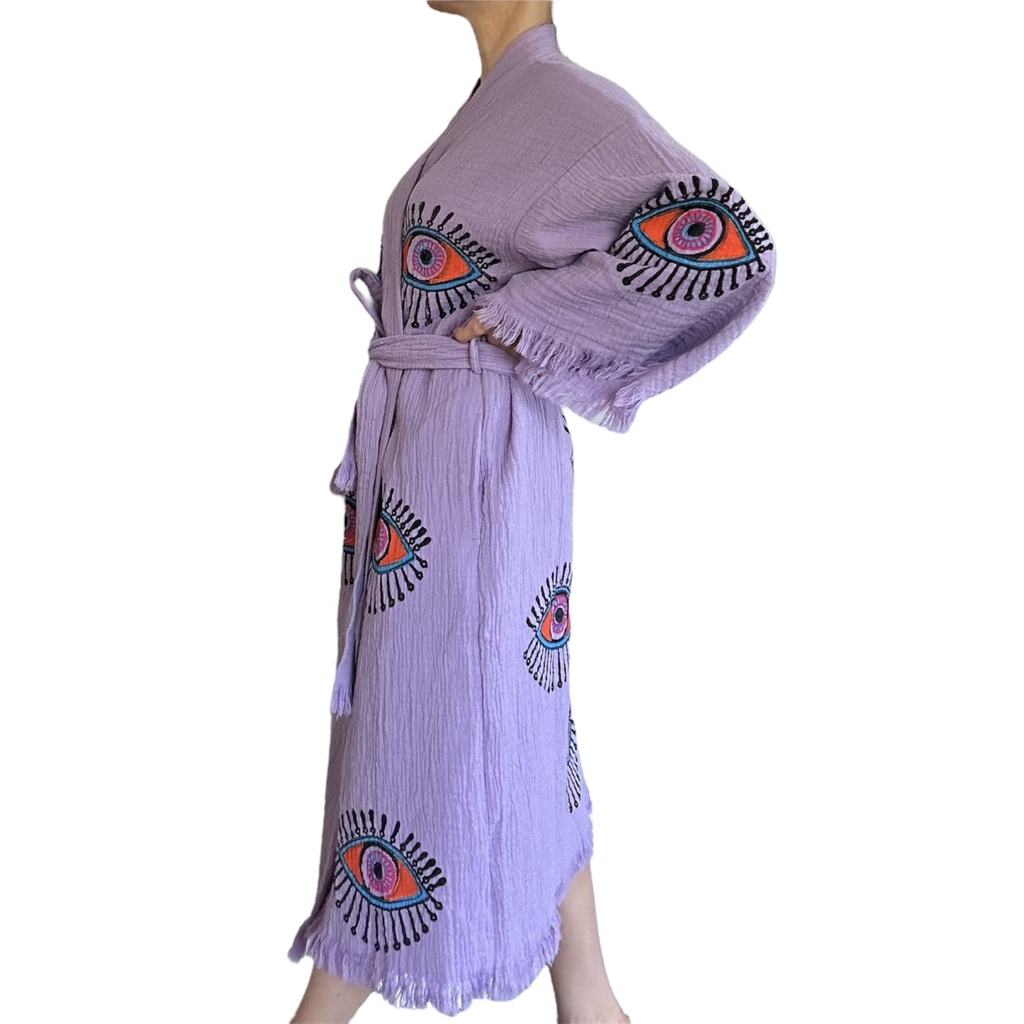 Lilac Purple Evil Eye Kimono Robe with Pockets %100 Cotton XS-XL(0-14)