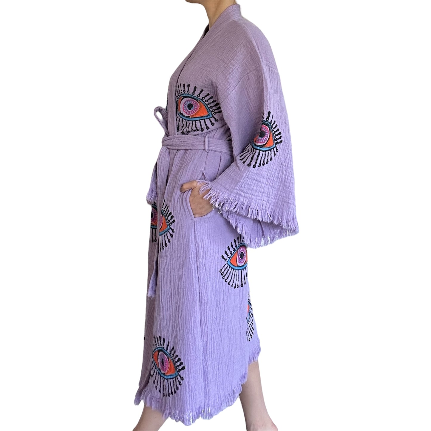 Lilac Purple Evil Eye Kimono Robe with Pockets %100 Cotton XS-XL(0-14)