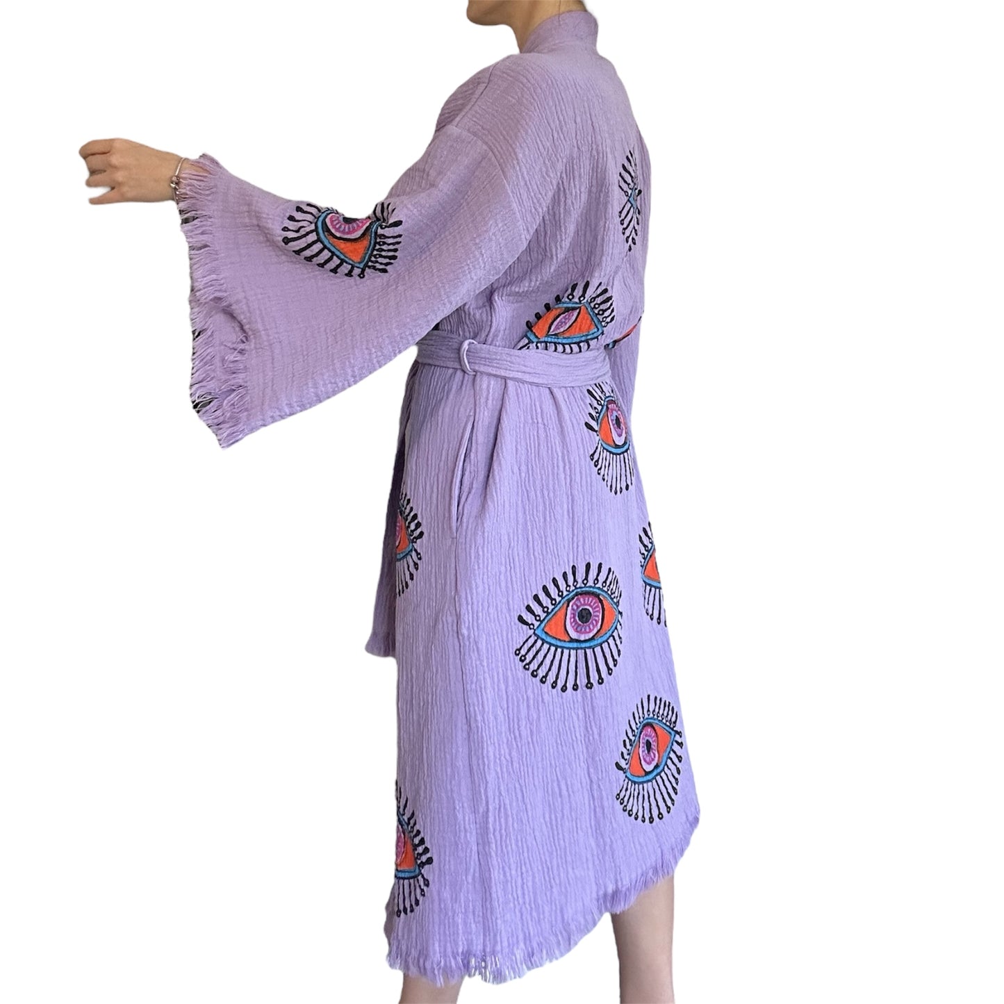 Lilac Purple Evil Eye Kimono Robe with Pockets %100 Cotton XS-XL(0-14)