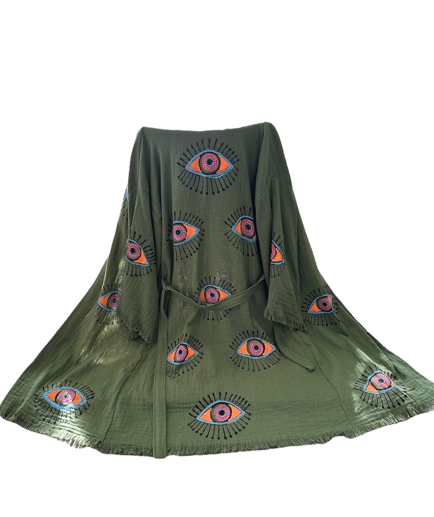Green Evil Eye Kimono Robe With Pockets %100 Cotton XS-XL (0-14)