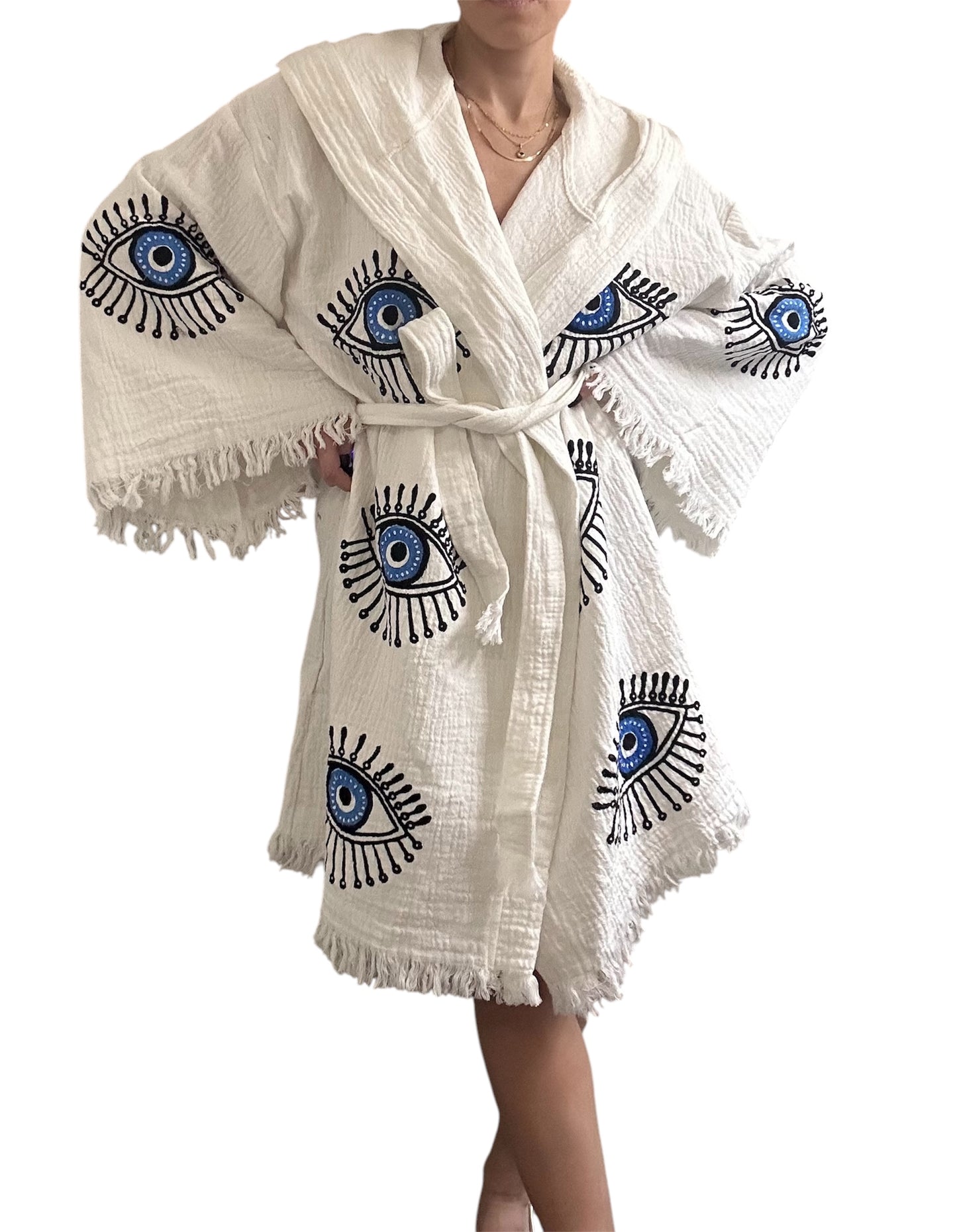 Evil Eye Kimono Robe with Pockets 100% Cotton Hand Painted