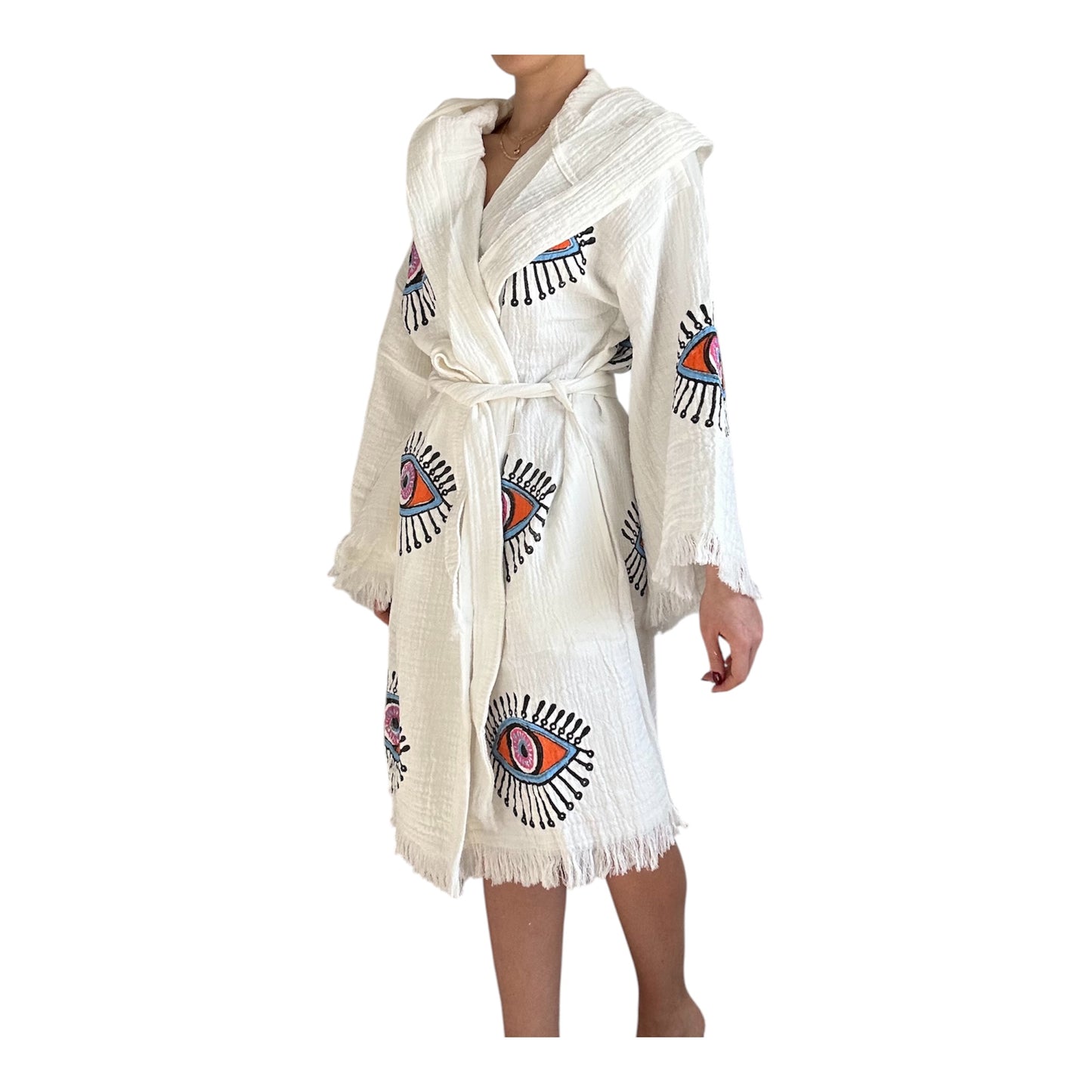 Evil Eye Kimono Robe Short, Hooded with Pockets 100% Cotton XS-XL
