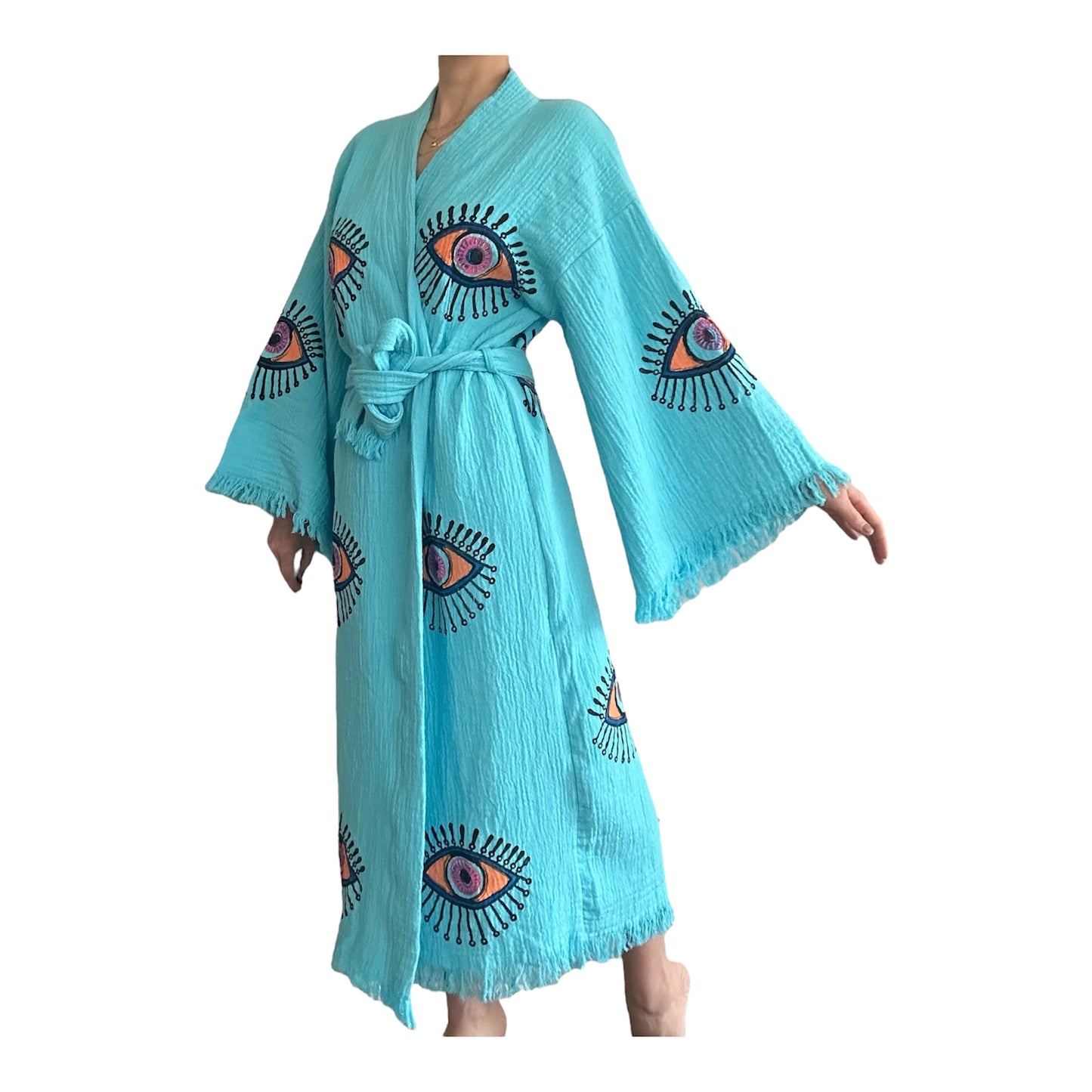 Sky Blue Evil Eye Kimono Robe with Pockets %100 Cotton XS-XL(0-14)