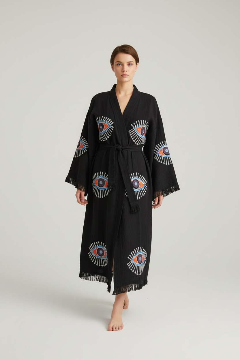 Black Evil Eye Kimono Robe with Pockets %100 Cotton XS-XL(0-14)