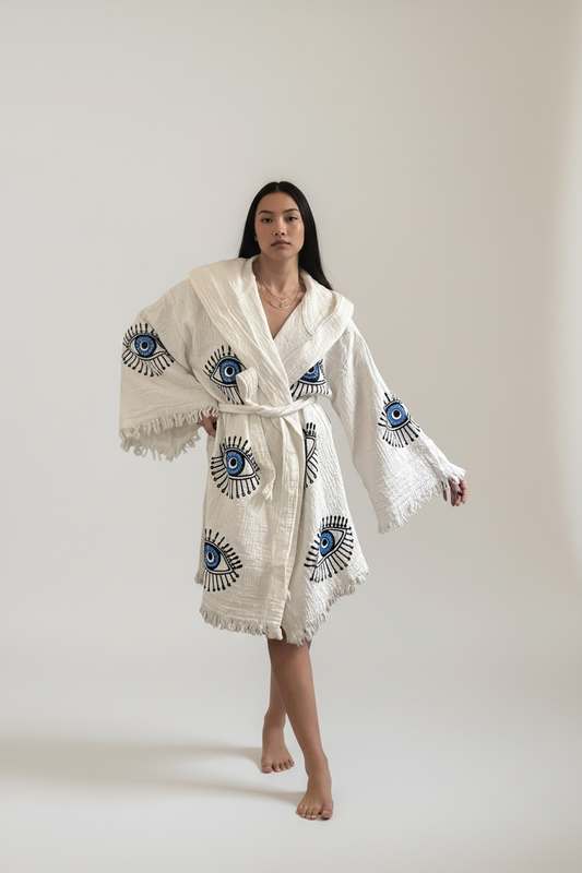 Evil Eye Kimono Robe with Pockets 100% Cotton Hand Painted