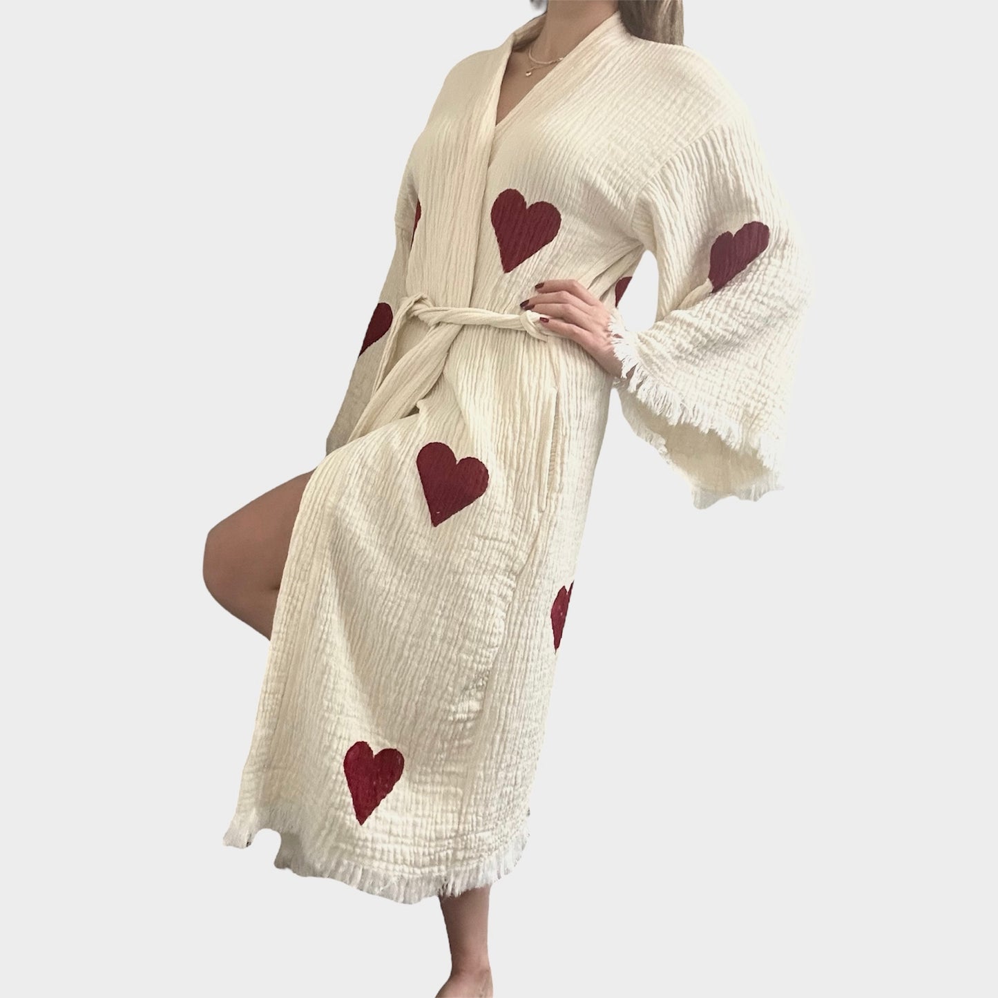 Red Heart Kimono Robe with Pockets %100 Cotton XS-L(0-12)