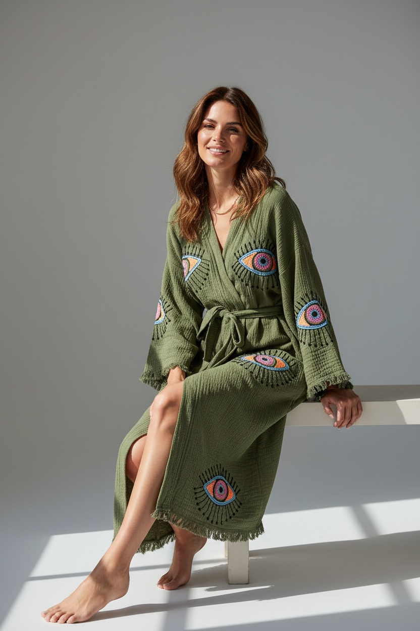 Green Evil Eye Kimono Robe With Pockets %100 Cotton XS-XL (0-14)