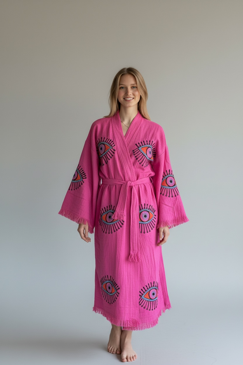 Sugar Pink Evil Eye Kimono Robe with Pockets (XS-XL)