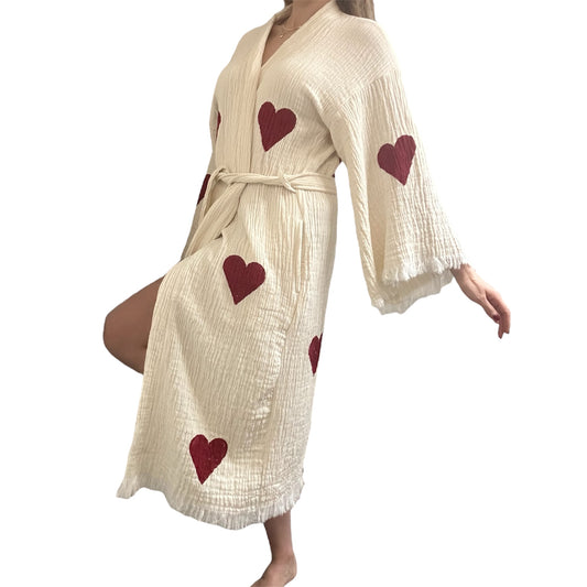 Red Heart Kimono Robe with Pockets %100 Cotton XS-L(0-12)