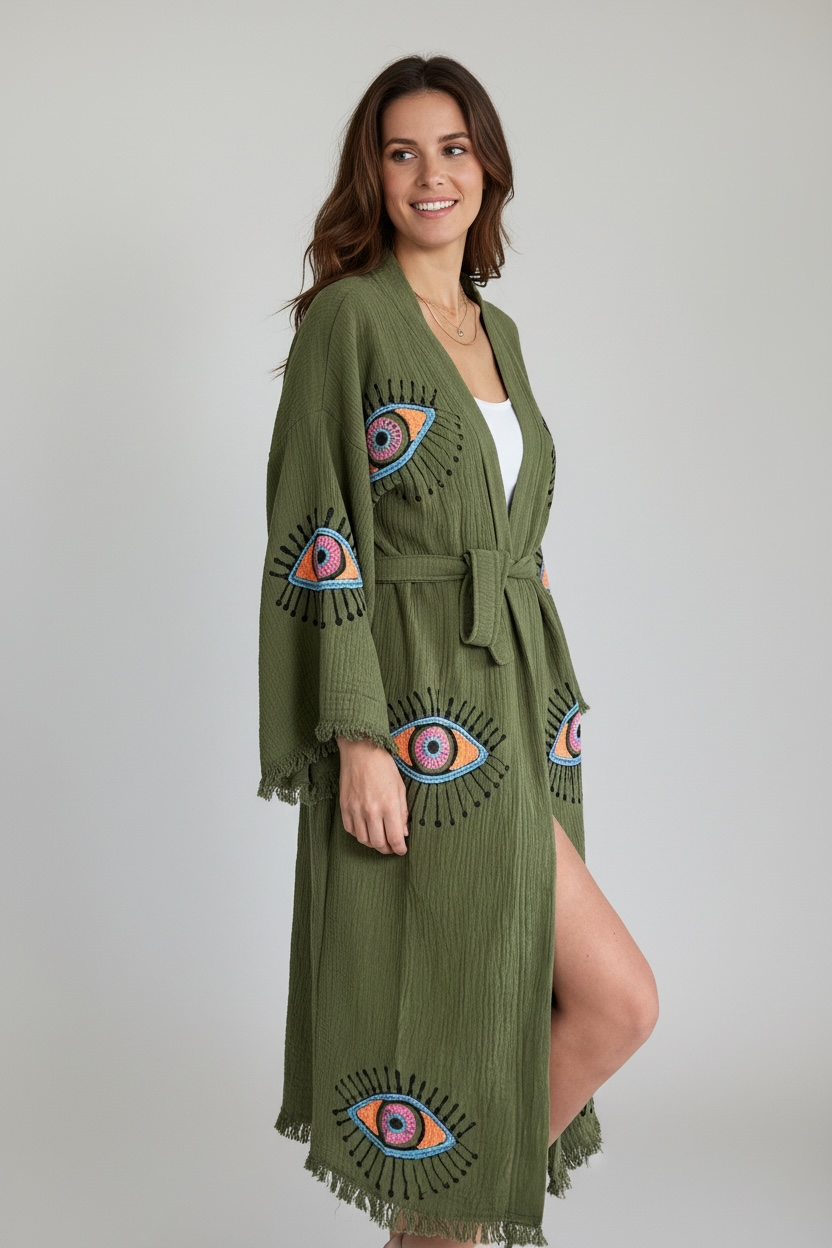 Green Evil Eye Kimono Robe With Pockets %100 Cotton XS-XL (0-14)
