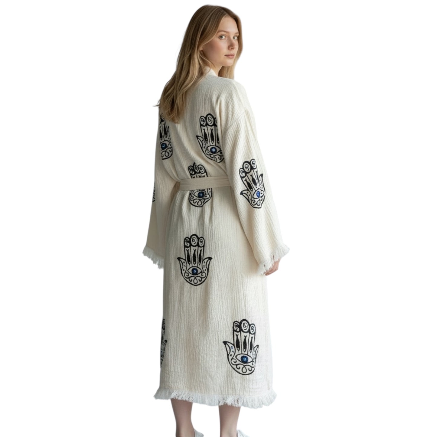 Hamsa Hand Kimono Robe with Pockets %100 Cotton XS-XL(0-14)