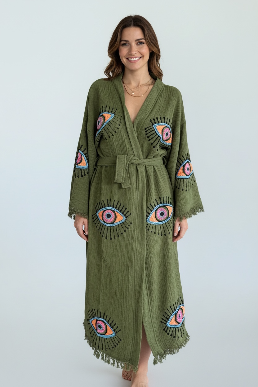 Green Evil Eye Kimono Robe With Pockets %100 Cotton XS-XL (0-14)