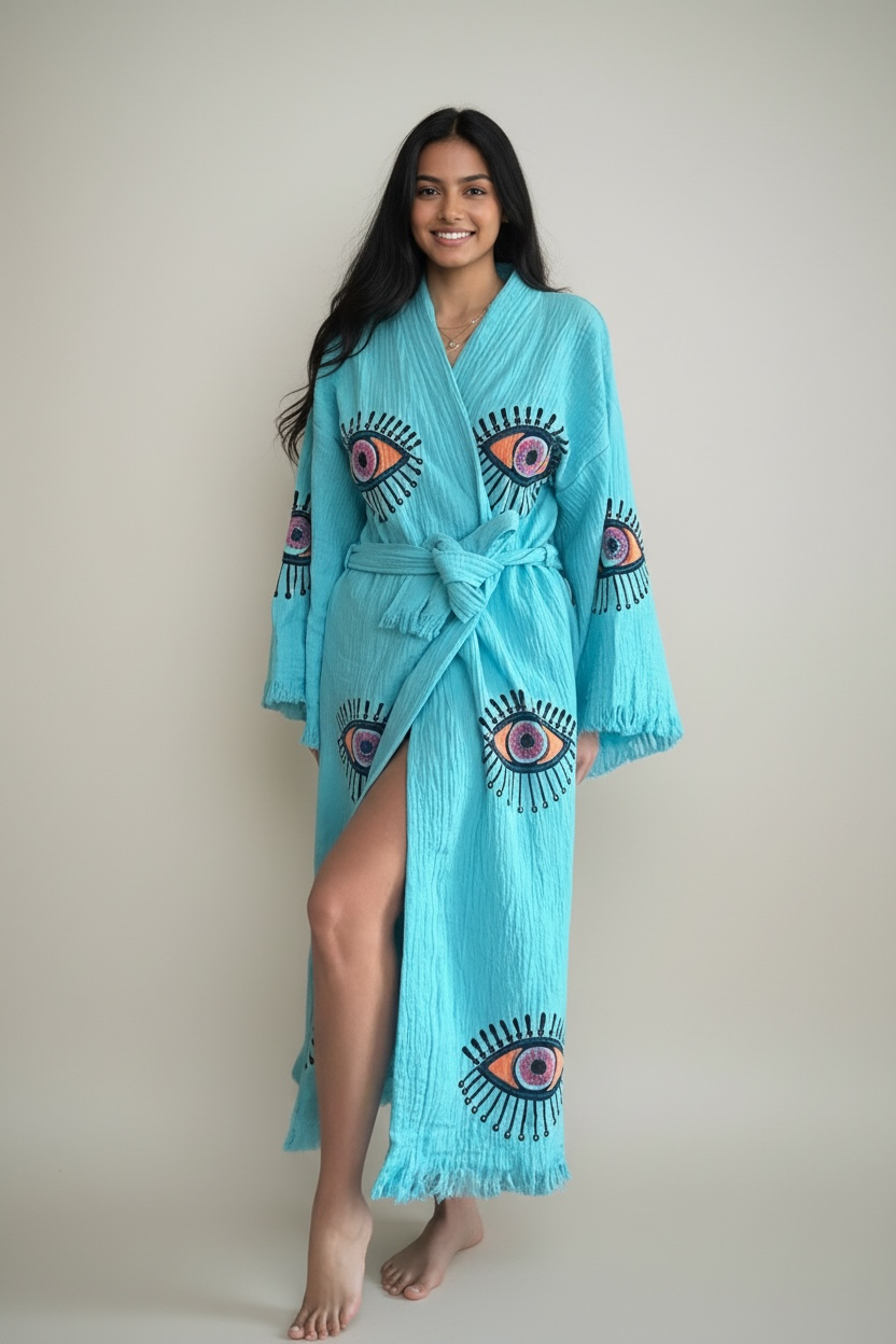 Sky Blue Evil Eye Kimono Robe with Pockets %100 Cotton XS-XL(0-14)