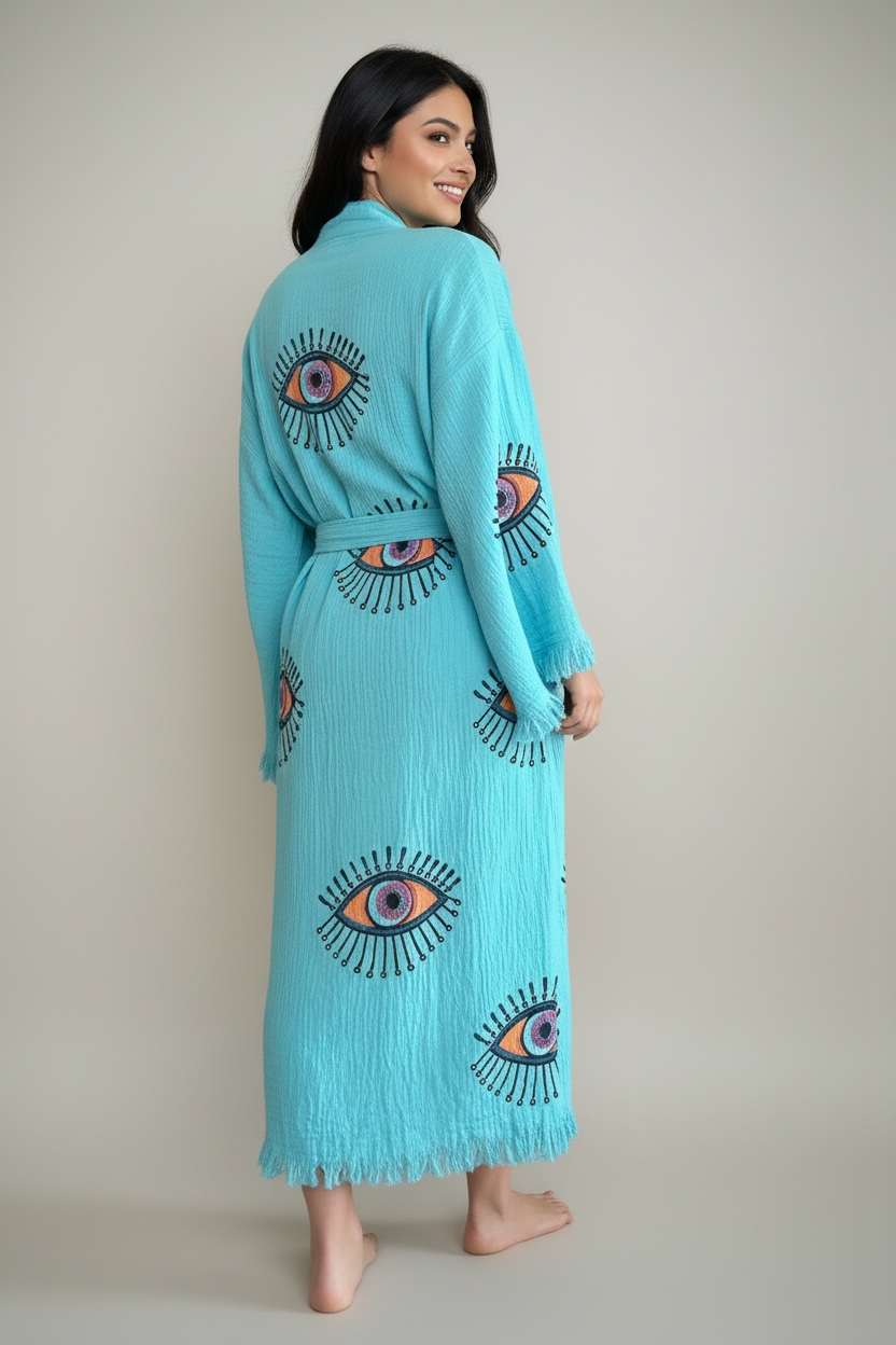 Sky Blue Evil Eye Kimono Robe with Pockets %100 Cotton XS-XL(0-14)