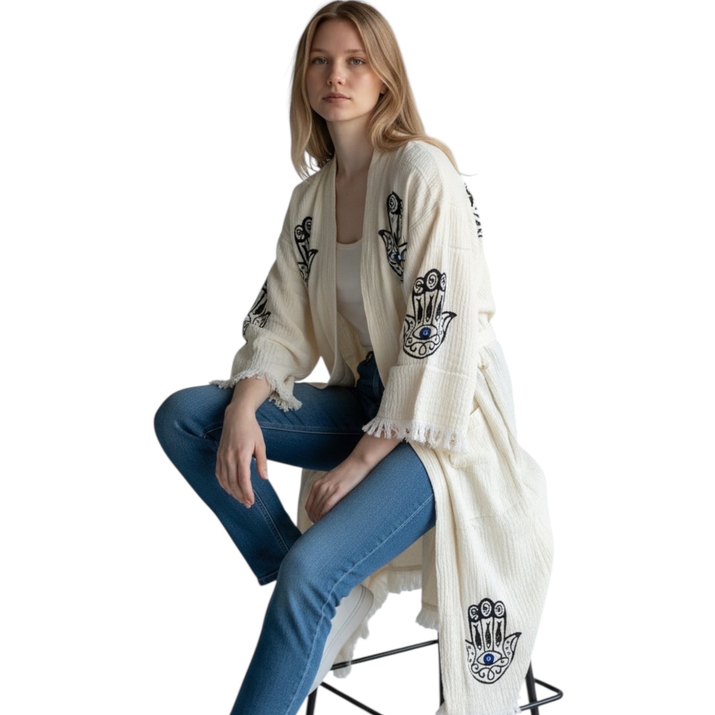 Hamsa Hand Kimono Robe with Pockets %100 Cotton XS-XL(0-14)