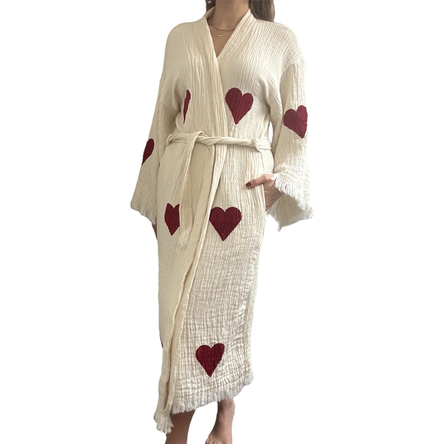 Red Heart Kimono Robe with Pockets %100 Cotton XS-L(0-12)