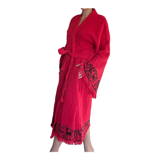 Red Christmas Kimono Robe with Pockets 100% Cotton