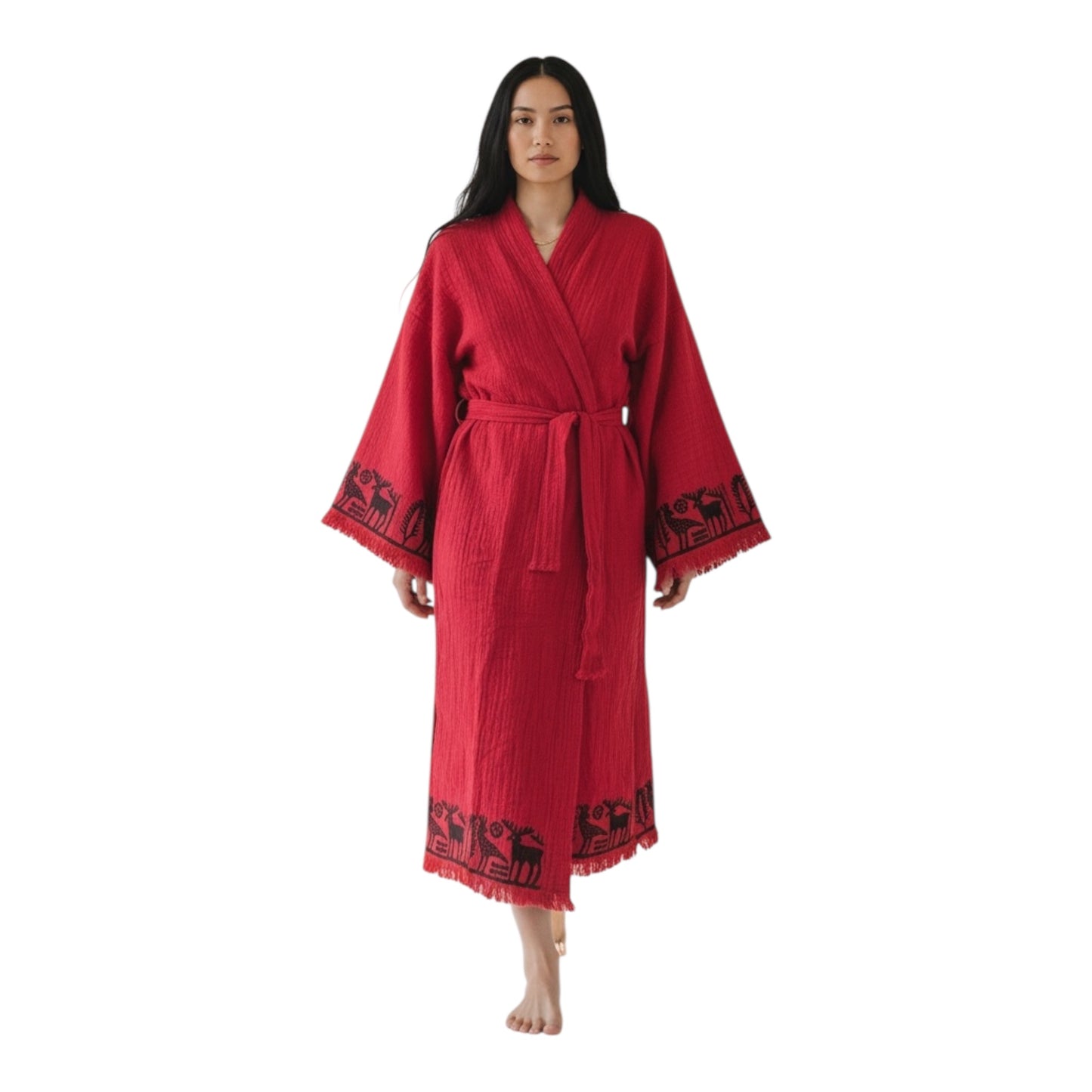 Red Christmas Kimono Robe with Pockets 100% Cotton