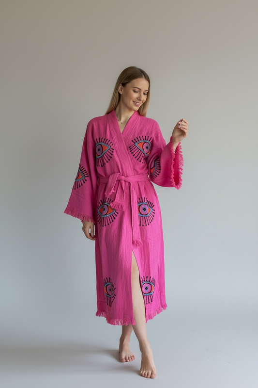 Sugar Pink Evil Eye Kimono Robe with Pockets (XS-XL)