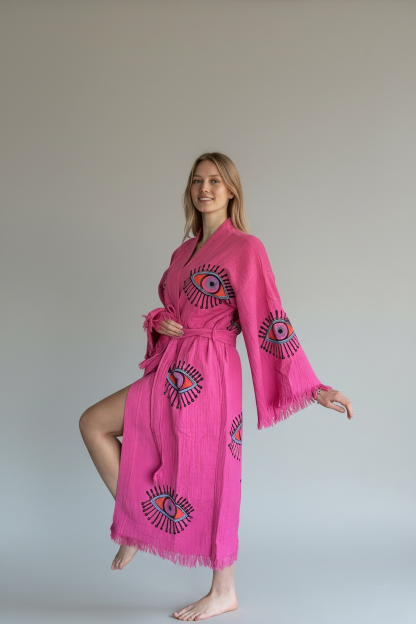 Sugar Pink Evil Eye Kimono Robe with Pockets (XS-XL)