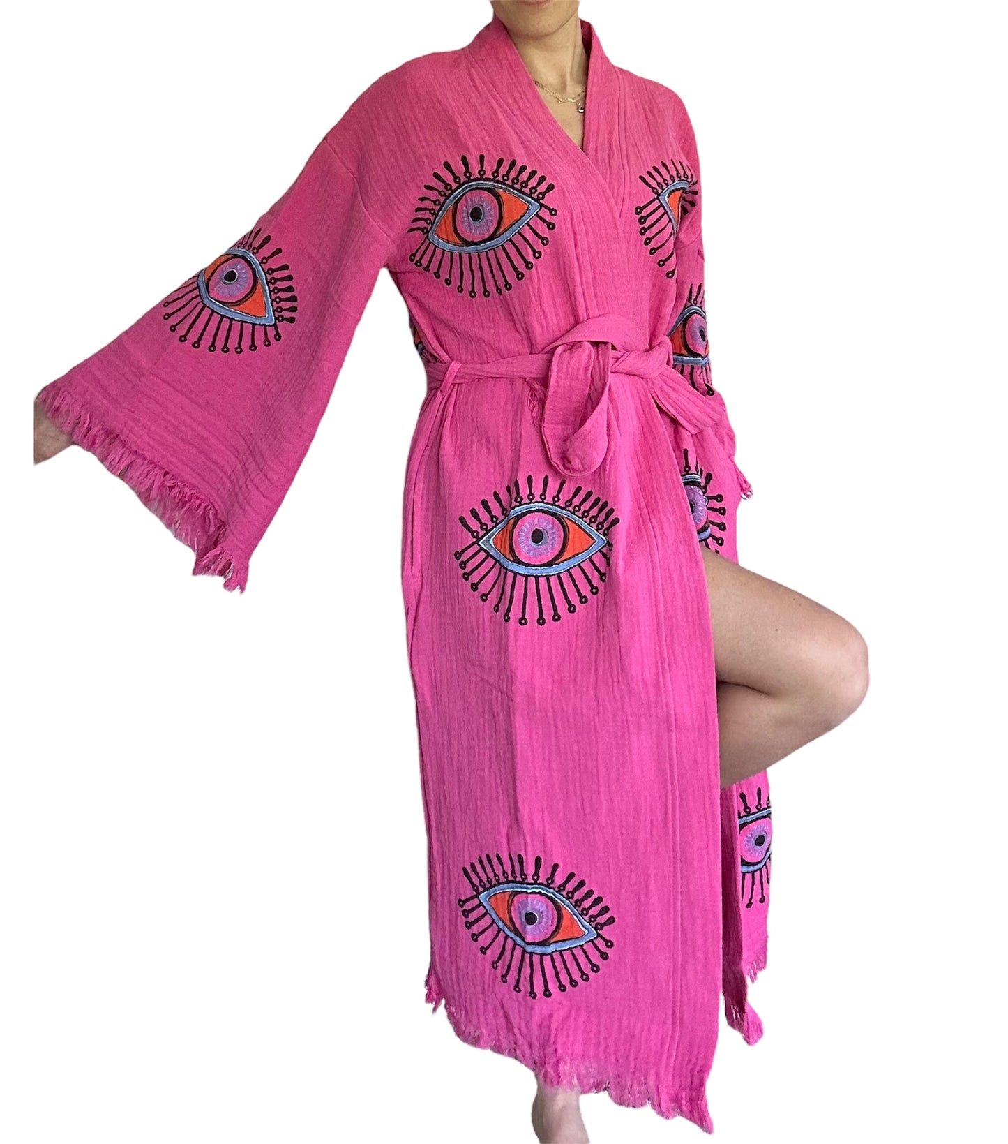 Sugar Pink Kimono Robe with Evil Eye Design