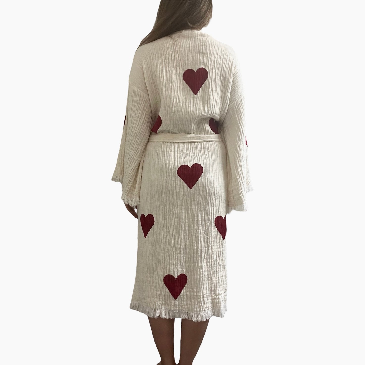 Red Heart Kimono Robe with Pockets %100 Cotton XS-L(0-12)