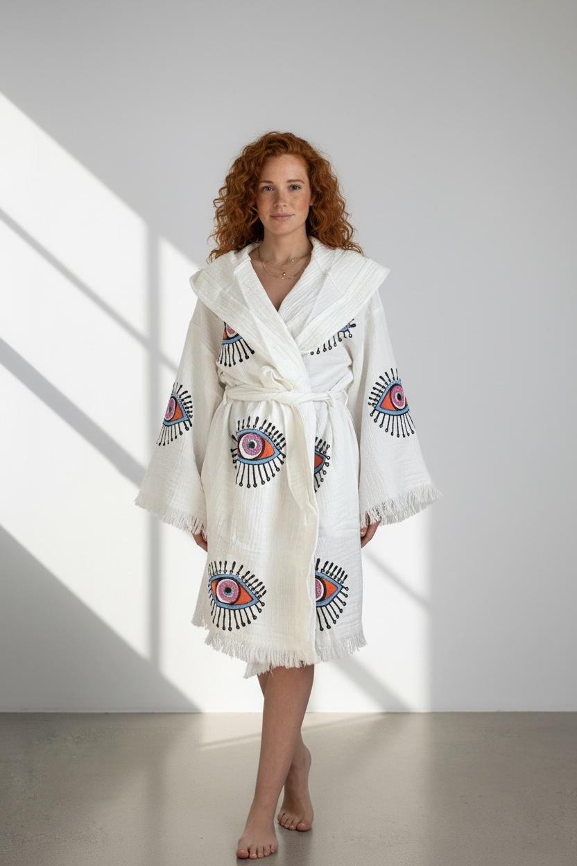 Evil Eye Kimono Robe Short, Hooded with Pockets 100% Cotton XS-XL