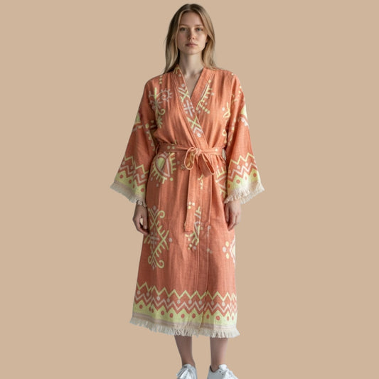 Jacquard Turkish Cotton Robe- Coral Orange Robe
