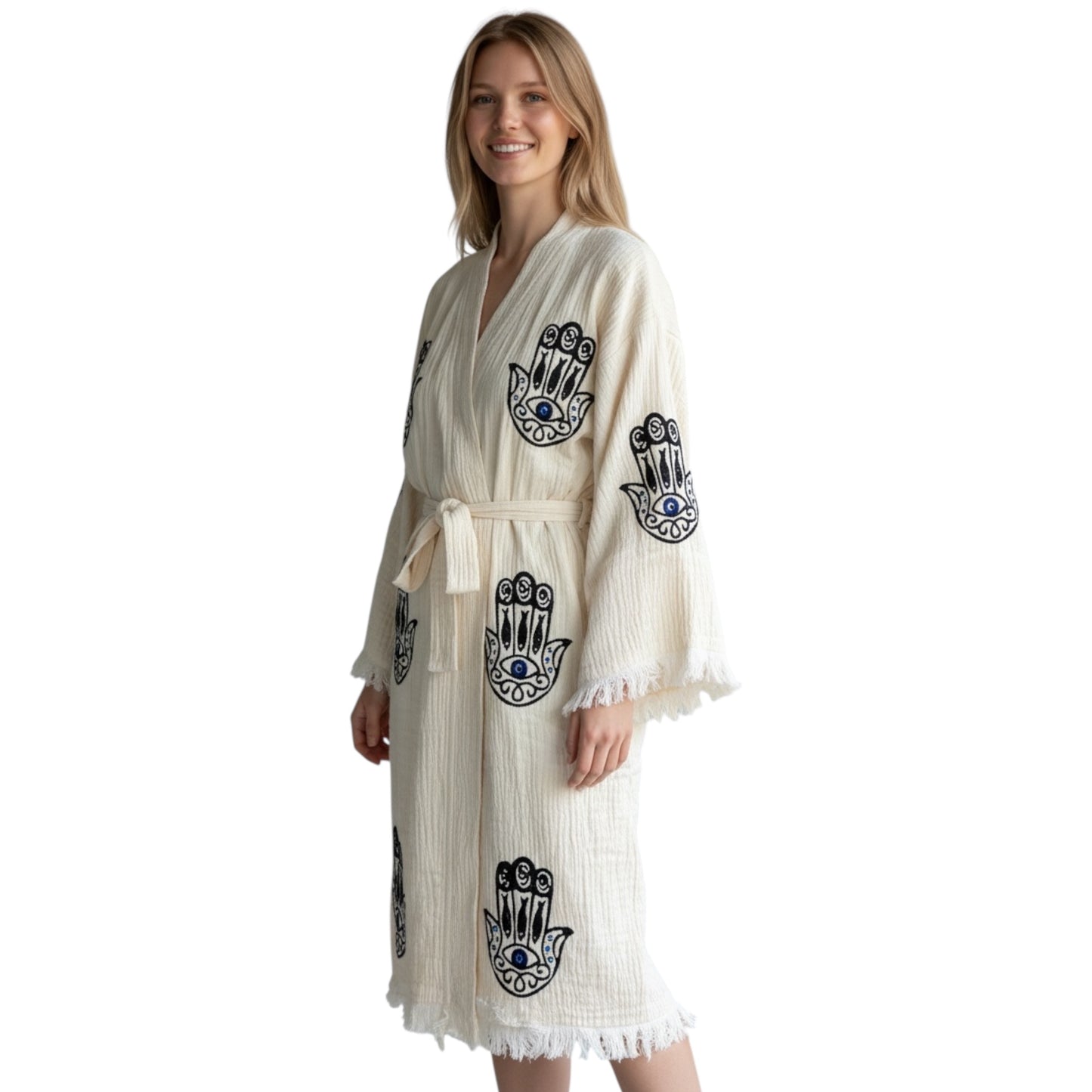 Hamsa Hand Kimono Robe with Pockets %100 Cotton XS-XL(0-14)
