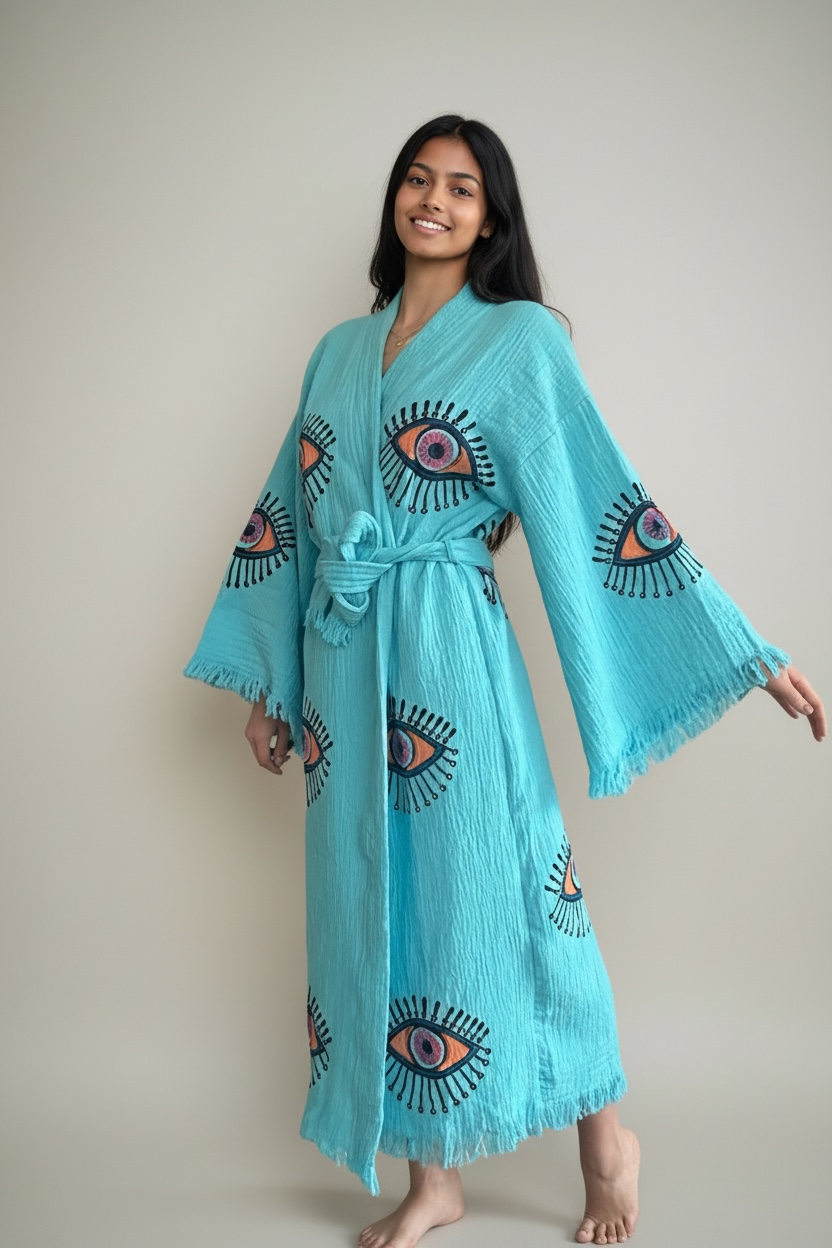 Sky Blue Evil Eye Kimono Robe with Pockets %100 Cotton XS-XL(0-14)
