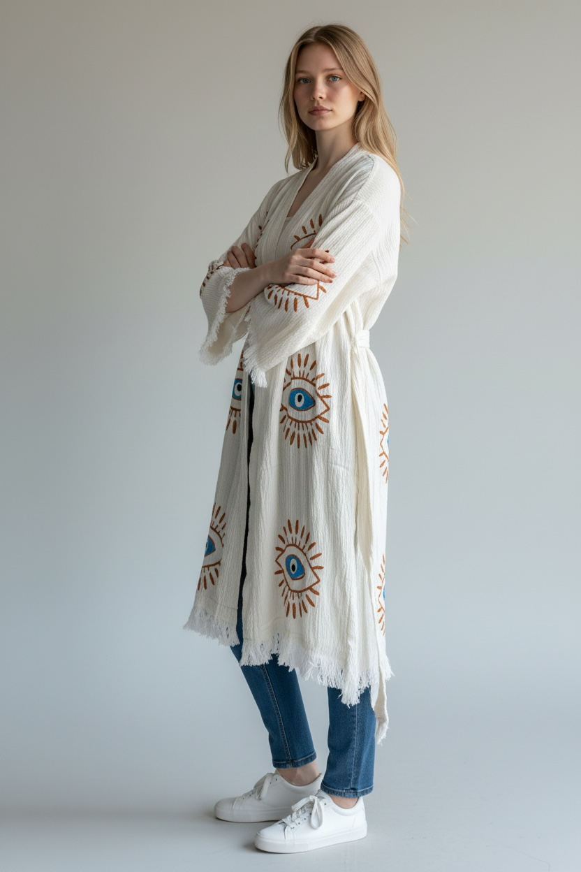 Evil Eye Kimono Robe with Pockets Mystic Eye %100 Cotton XS-XL(0-14)