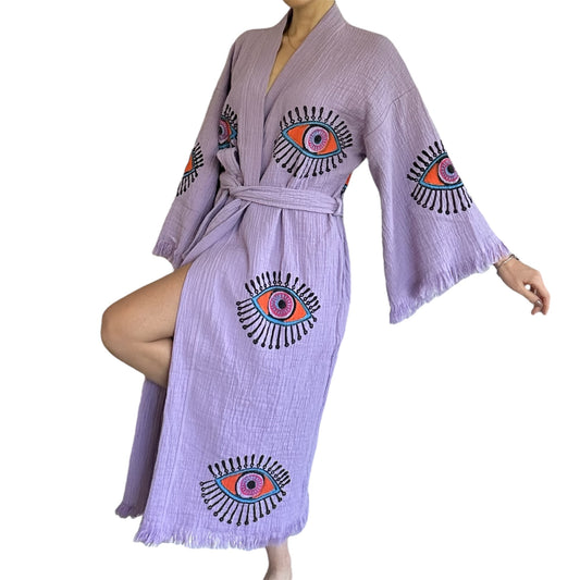 Lilac Purple Evil Eye Kimono Robe with Pockets %100 Cotton XS-XL(0-14)