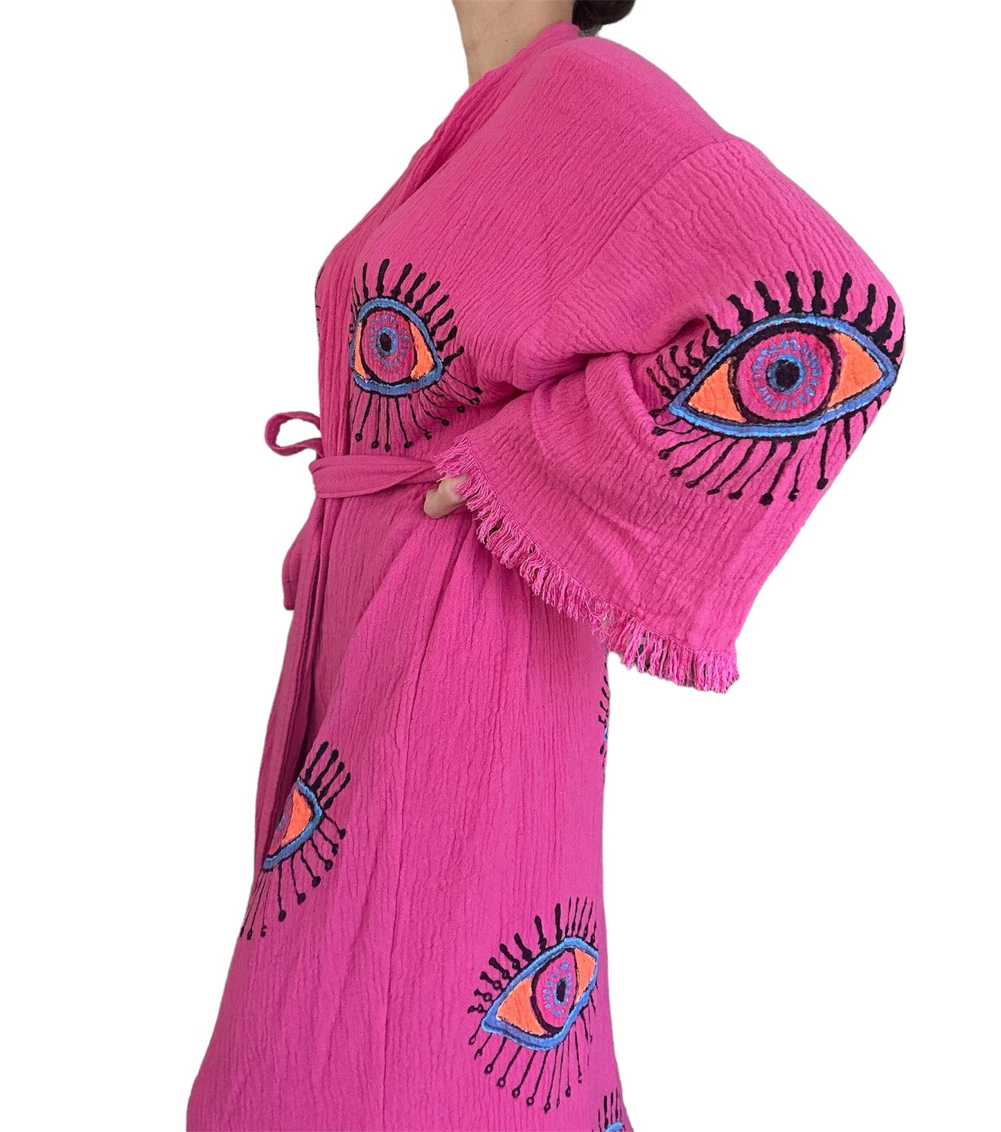 Sugar Pink Kimono Robe with Evil Eye Design