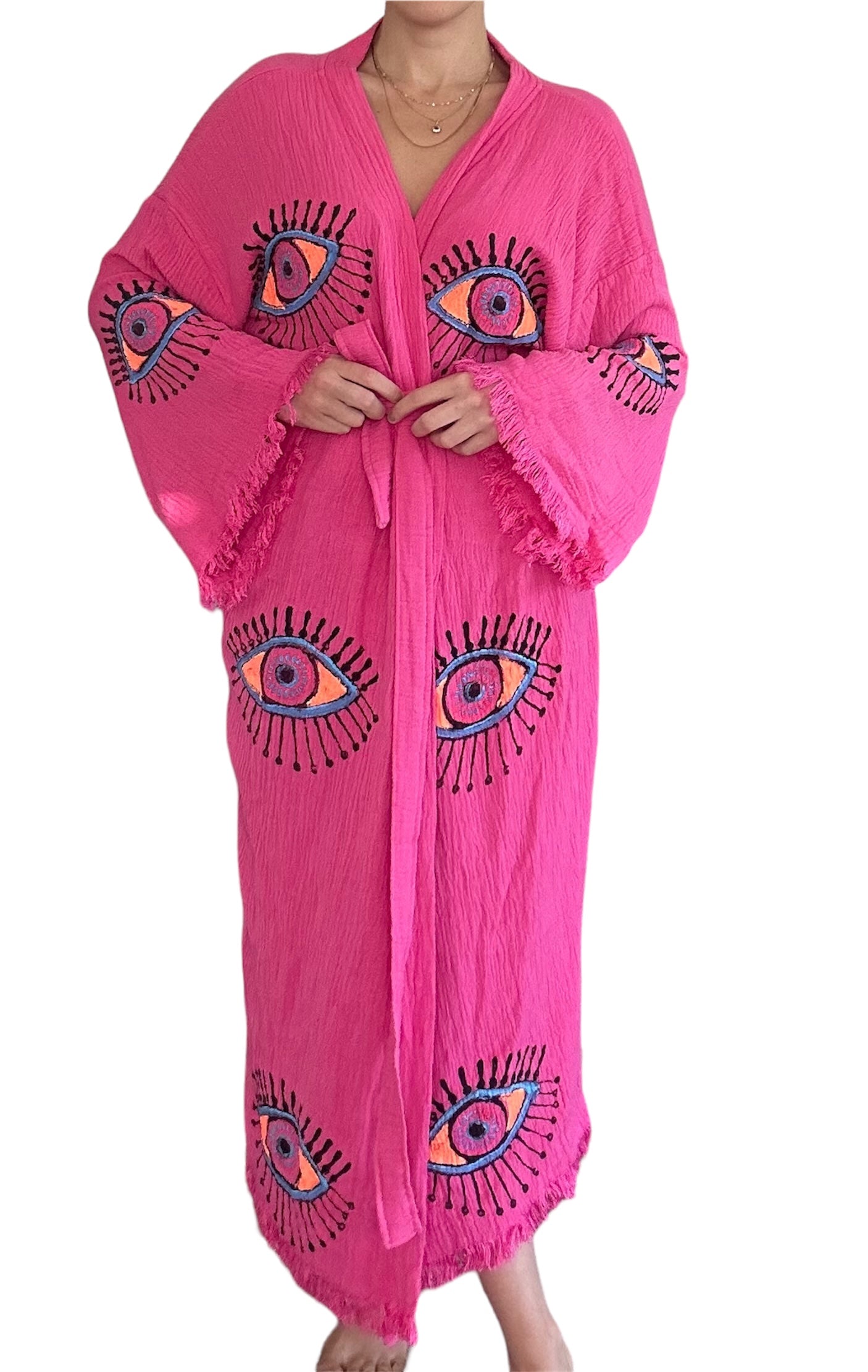 Sugar Pink Kimono Robe with Evil Eye Design