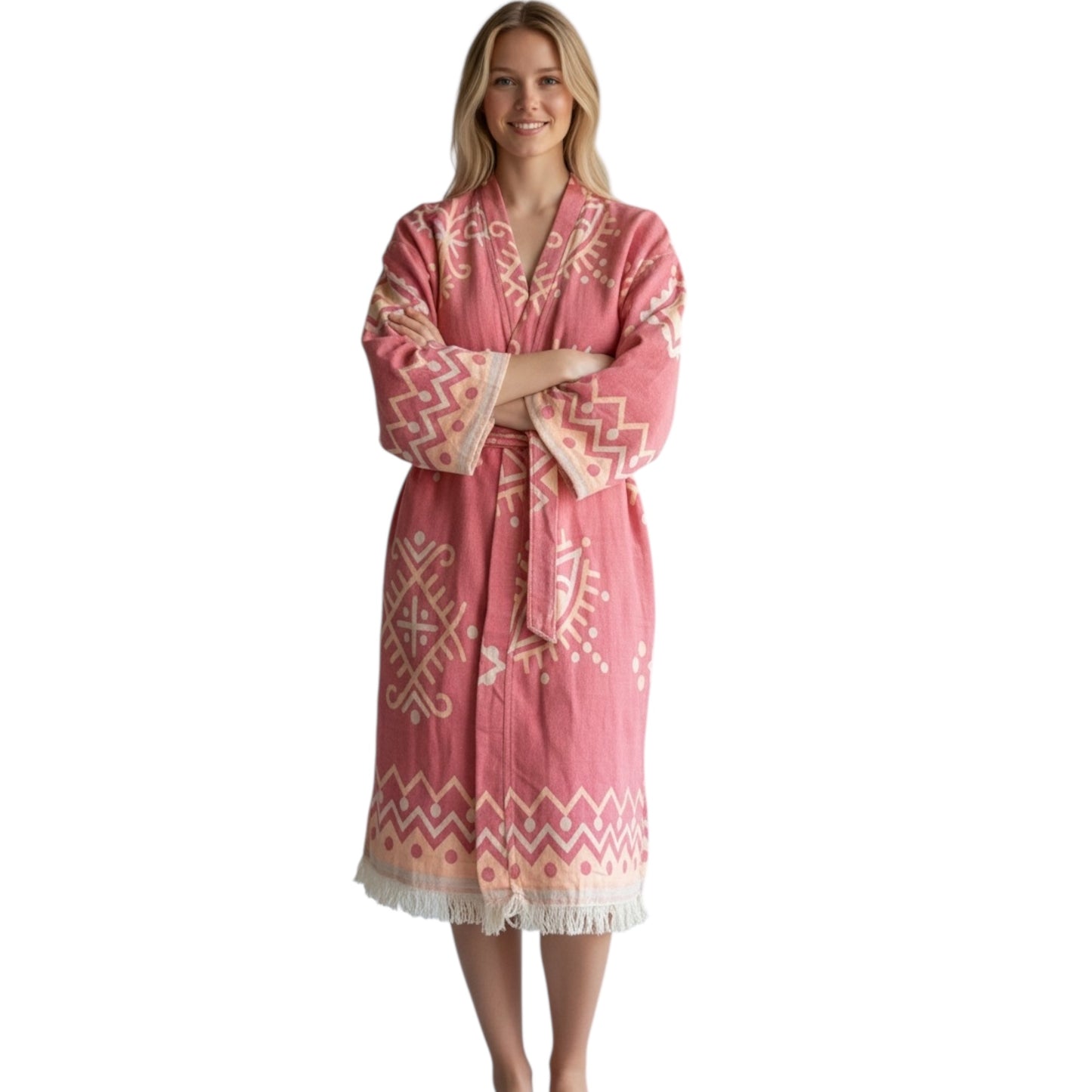pink turkish cotton jacquard kimono robe with evil eye woven design