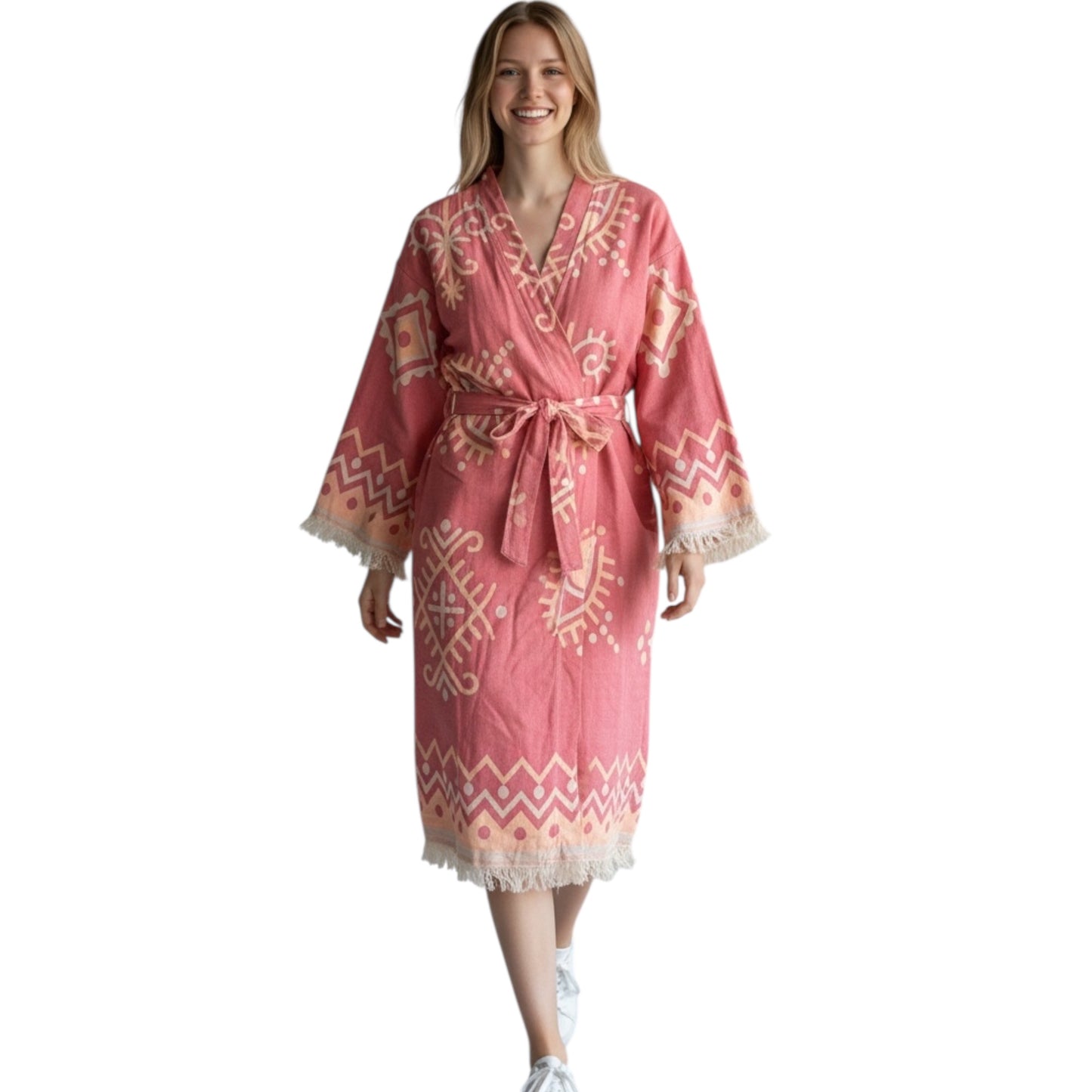 turkish cotton jacquard robe pink color with evil eye woven pattern lightweight robe