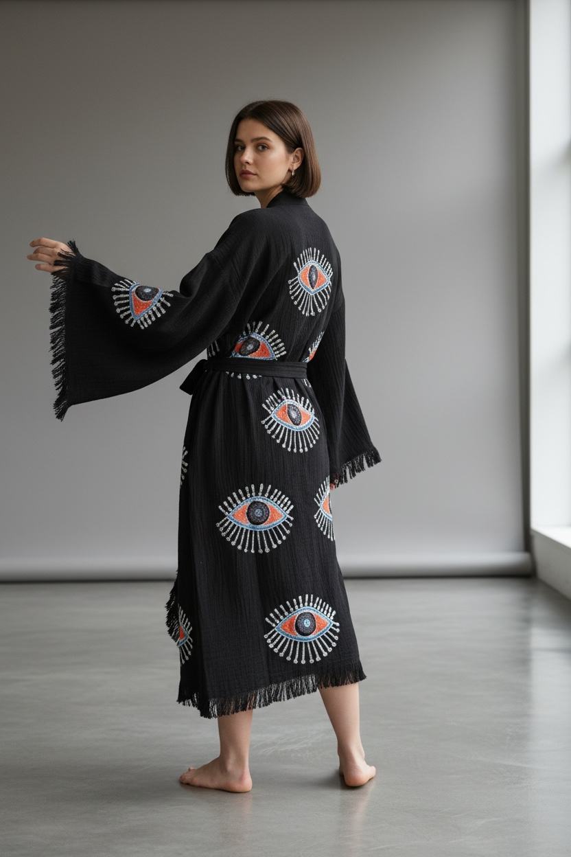 artisan turkish cotton muslin kimono robe black with colorful evil eye pattern