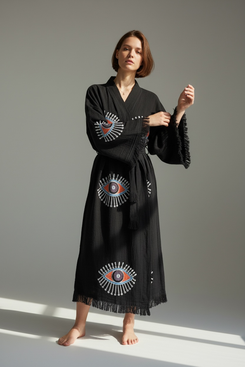 turkish cotton muslin kimono robe with colorful evil eye design on black fabric handcrafted robe