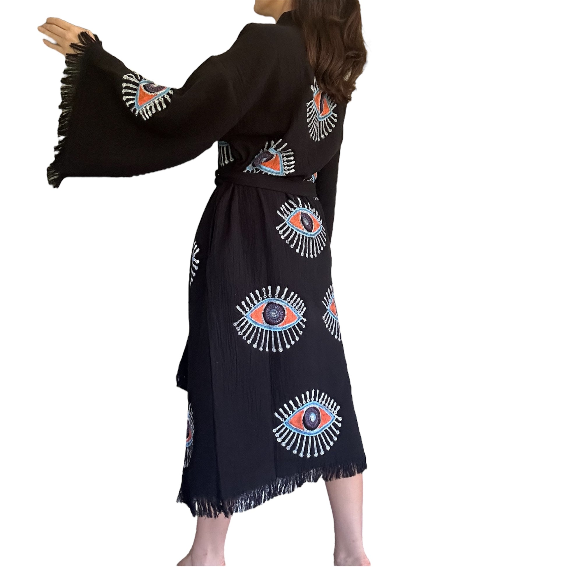 turkish cotton muslin kimono robe black with colorful evil eye pattern handmade design