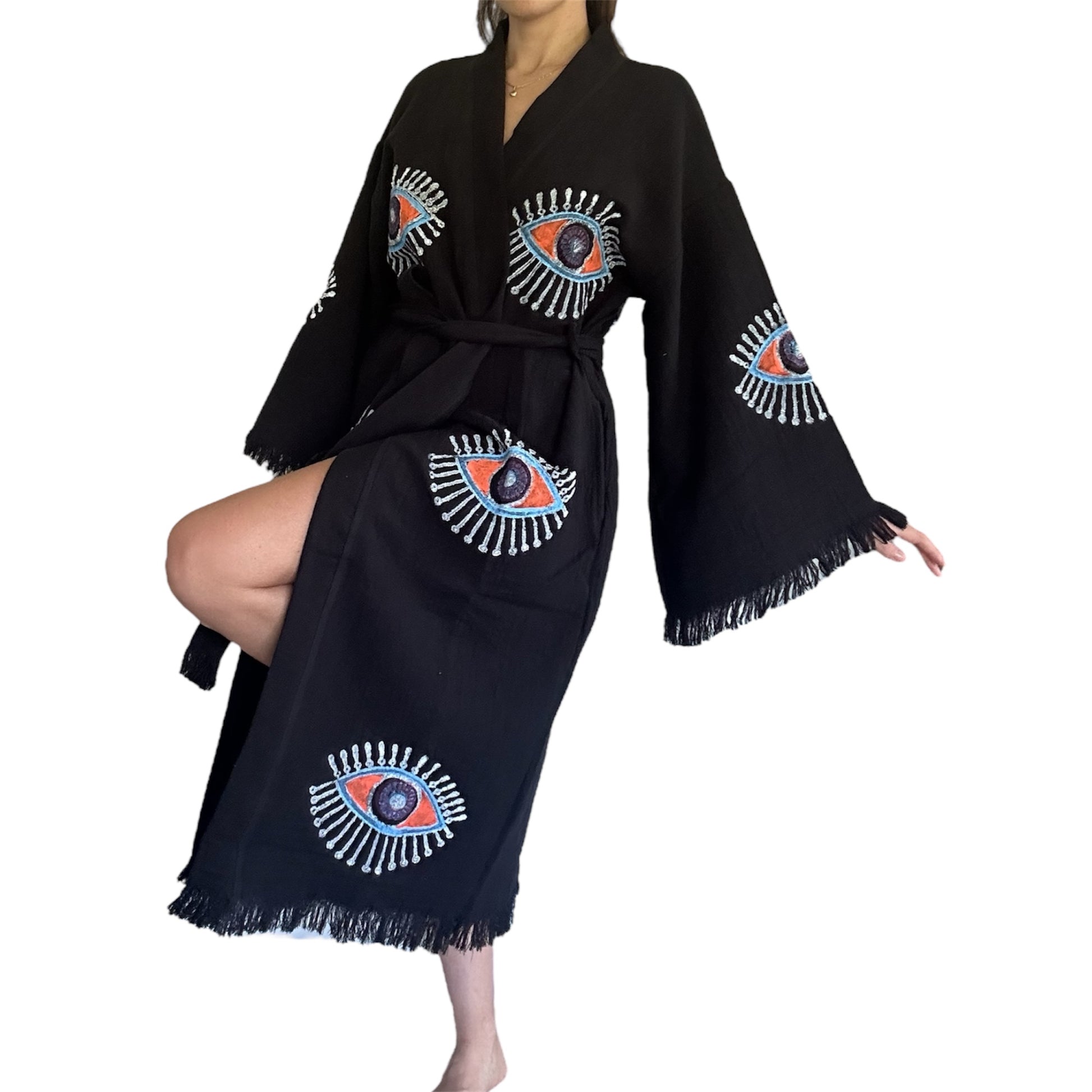 lightweight turkish cotton muslin kimono robe black color with colorful evil eye pattern