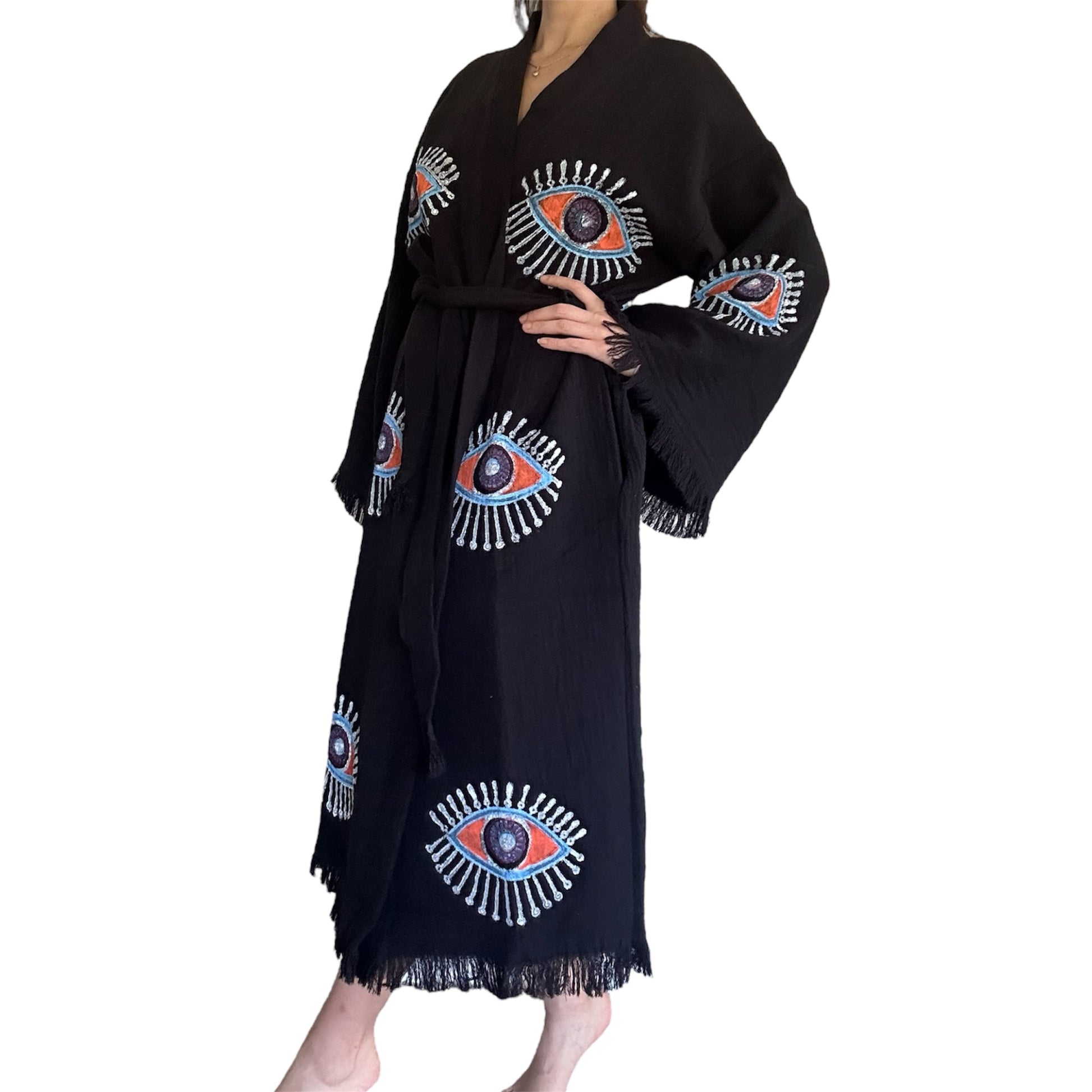 hand printed turkish cotton muslin kimono robe colorful evil eye design black robe made in turkey