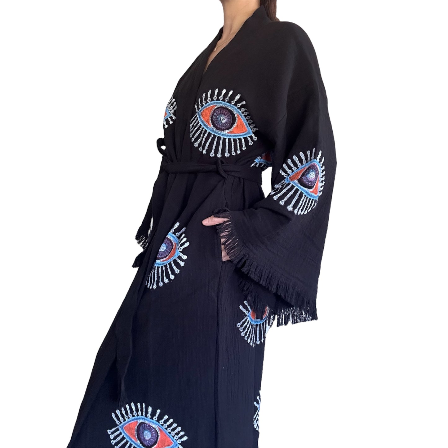 handcrafted turkish cotton muslin kimono robe black robe colorful evil eye print