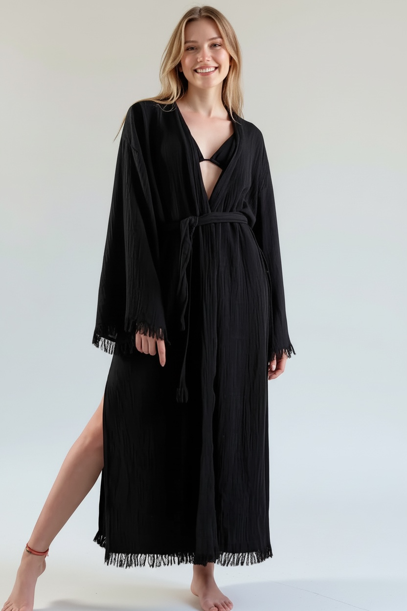 lightweight turkish cotton muslin kimono robe black color minimalist robe