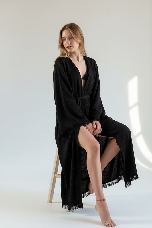 minimal turkish cotton muslin kimono robe solid black lightweight robe made in turkey